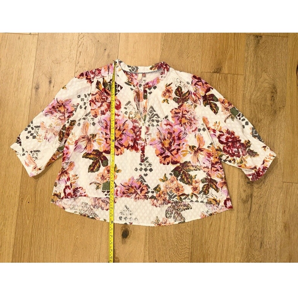 Pilcro Anthropologie Floral Surf Top Blouse Swiss Dot Henley Boho Pink Cream XL - Picture 6 of 12